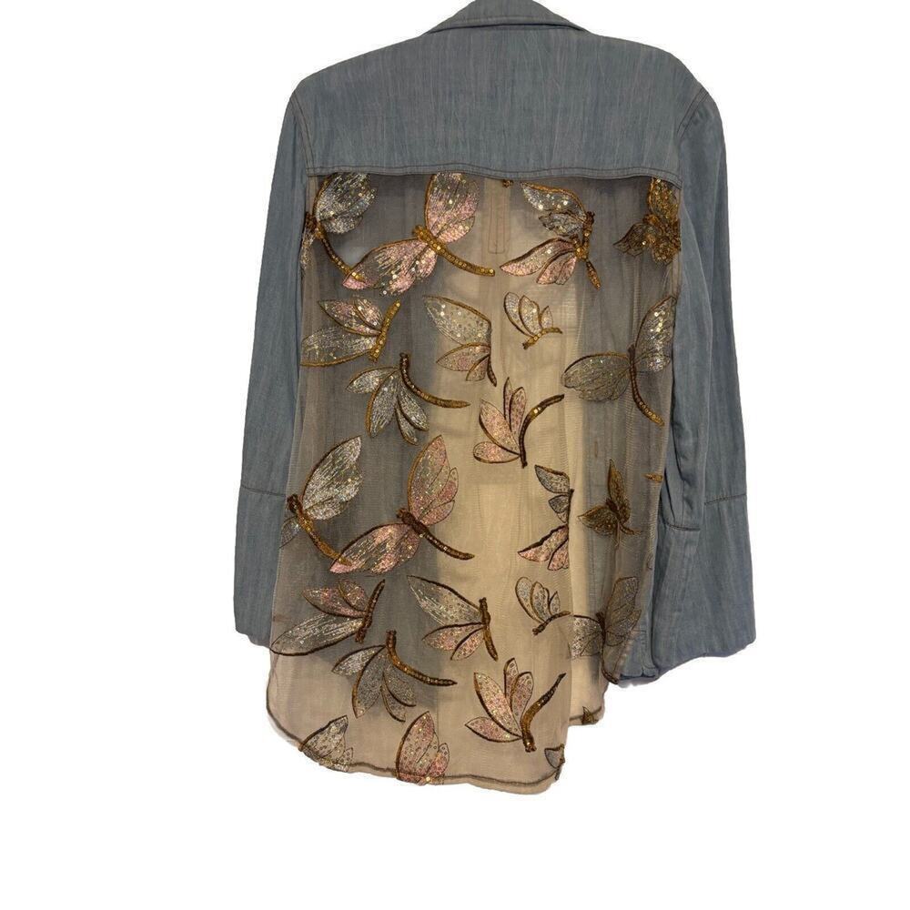 Berek Dragonfly Button Up Blouse Sheer Back Denim Embroidered Sparkly Medium